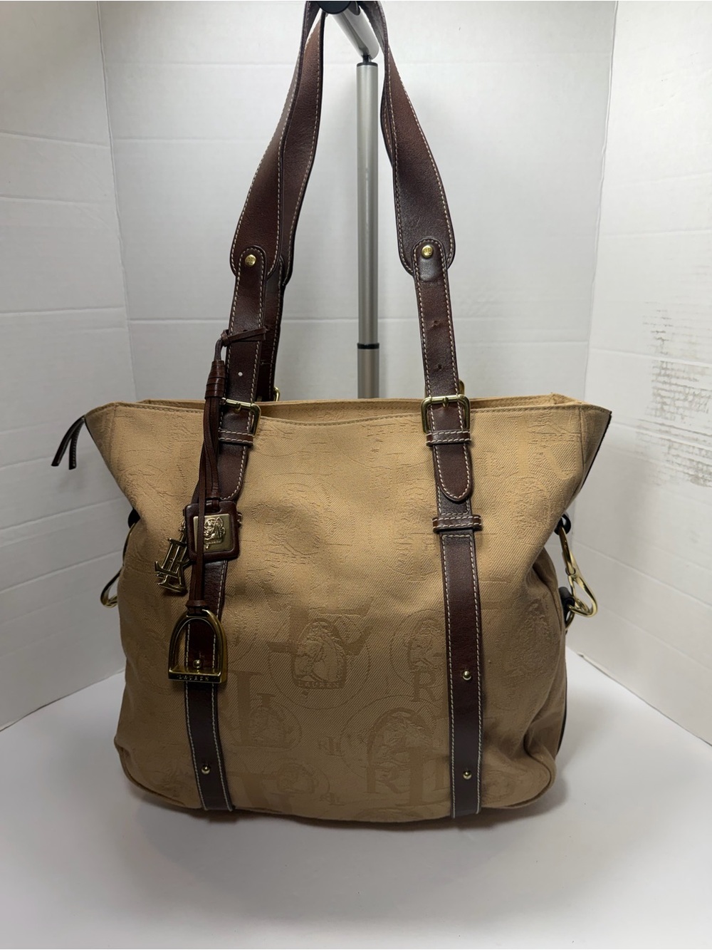Polo Ralph Lauren Canvas Tote Bag With Leather Trim Equestrian Brass Hardware